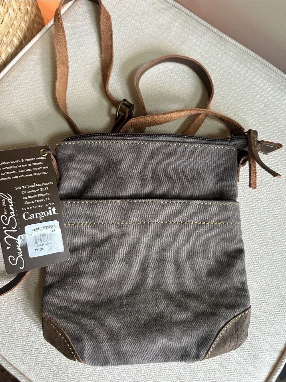 Gray Canvas Crossbody Bag with Tan Leather Strap